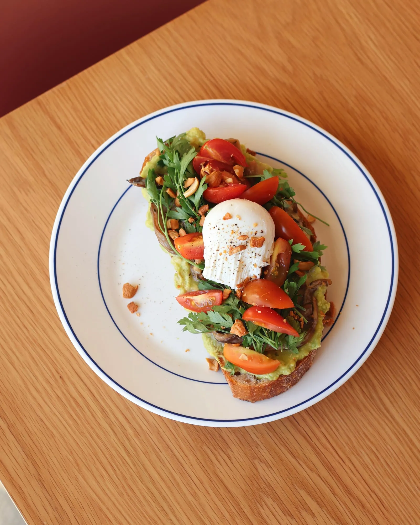 Avocado toast with a poached egg, cherry tomatoes, mushrooms and herbs on a blue-rimmed plate